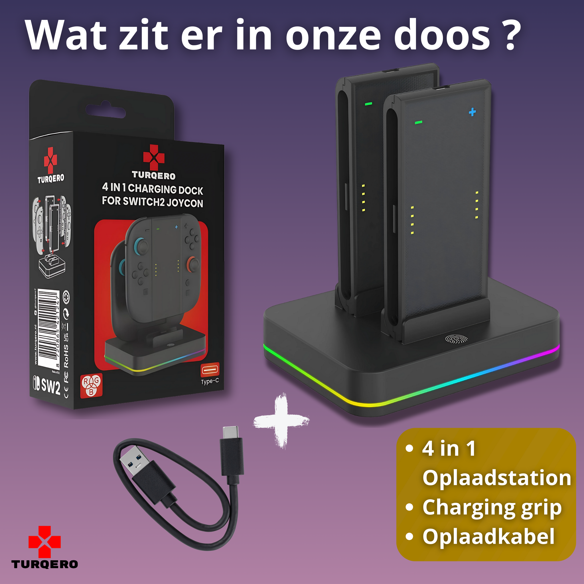 Nintendo Switch 2 Joy-Con 4-in-1  Charging Grip – Afneembare Charging Grip – RGB Oplader – Gaming Accessoire