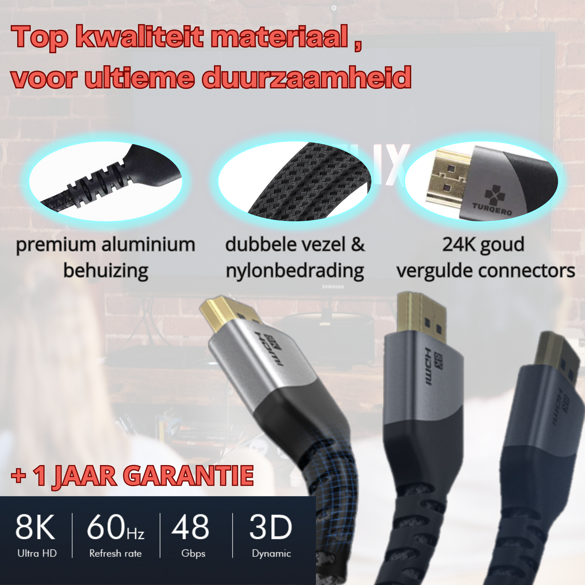 TURQERO 8K HDMI Kabel 2.1 -  HDMI naar HDMI - 1m- 1,5m -2m - 4K Ultra HD - Hoge snelheid - 4K (120Hz) - 8K (60Hz) - - Nylon - Zwart