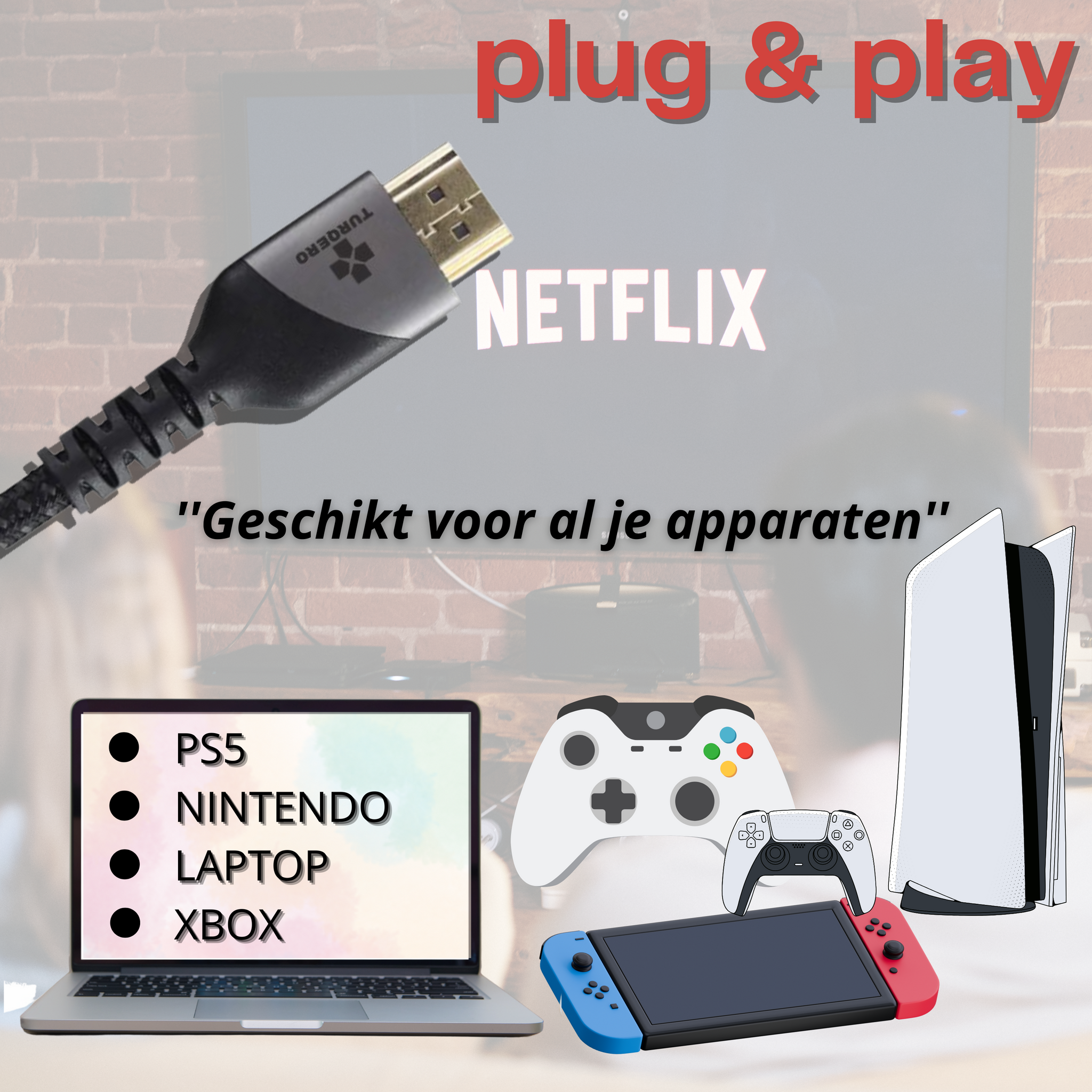 TURQERO 8K HDMI Kabel 2.1 -  HDMI naar HDMI - 1m- 1,5m -2m - 4K Ultra HD - Hoge snelheid - 4K (120Hz) - 8K (60Hz) - - Nylon - Zwart