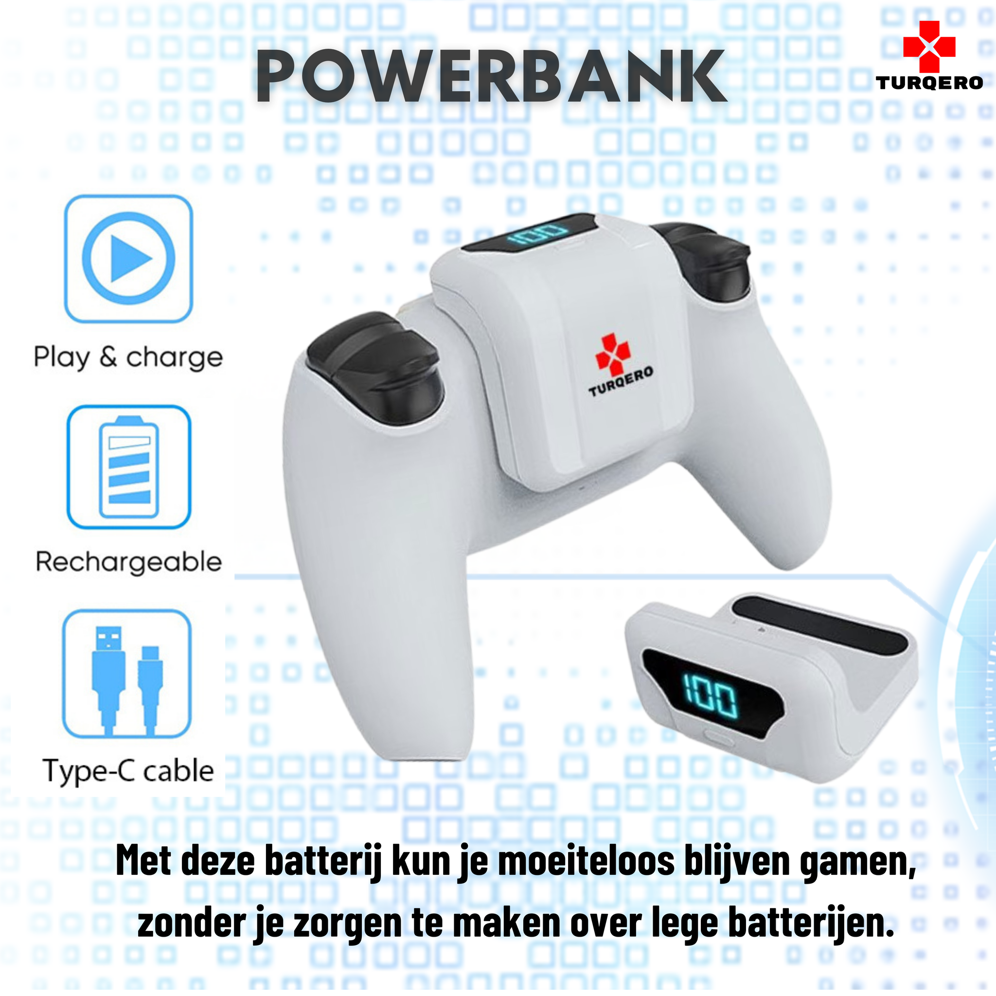 Turqero Powerbank geschikt voor PS5 controller - PS5 oplaadstation - Playstation 5 accessoires - draadloos - oplaadbare batterij - 1800 mAh accu - Smart indicator