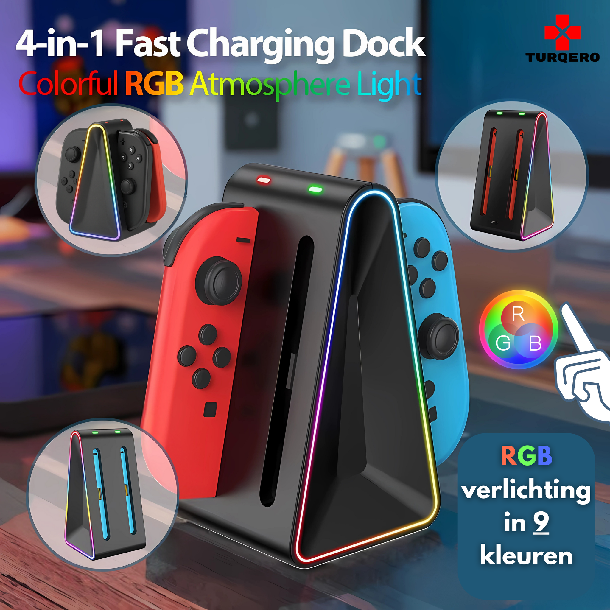 Turqero 4 in 1 Joy-Con oplader geschikt voor Switch 2 - Oplaadstation met RGB sfeerverlichting en LED-indicator - voor 4 Joy-Con controllers