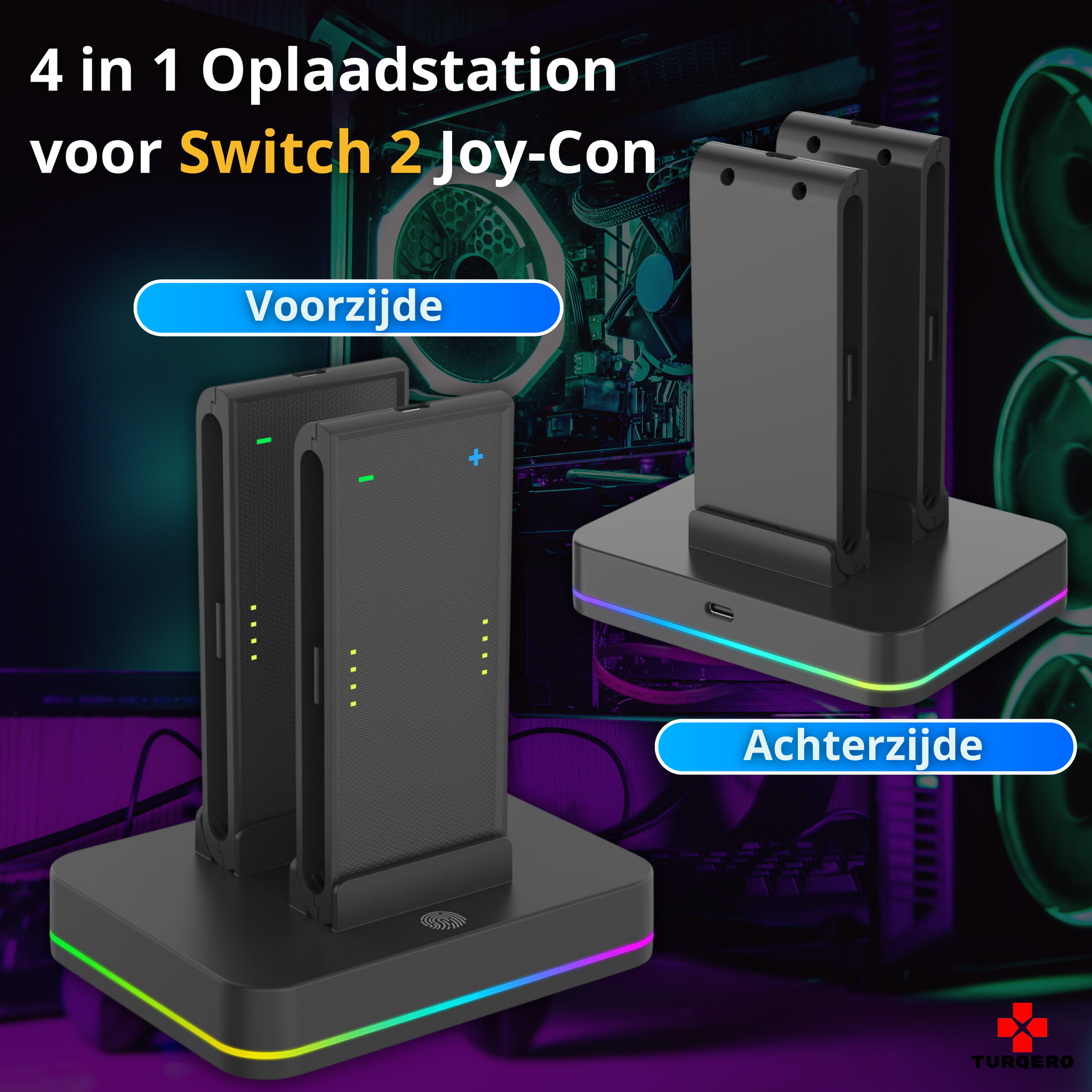 Nintendo Switch 2 Joy-Con 4-in-1  Charging Grip – Afneembare Charging Grip – RGB Oplader – Gaming Accessoire
