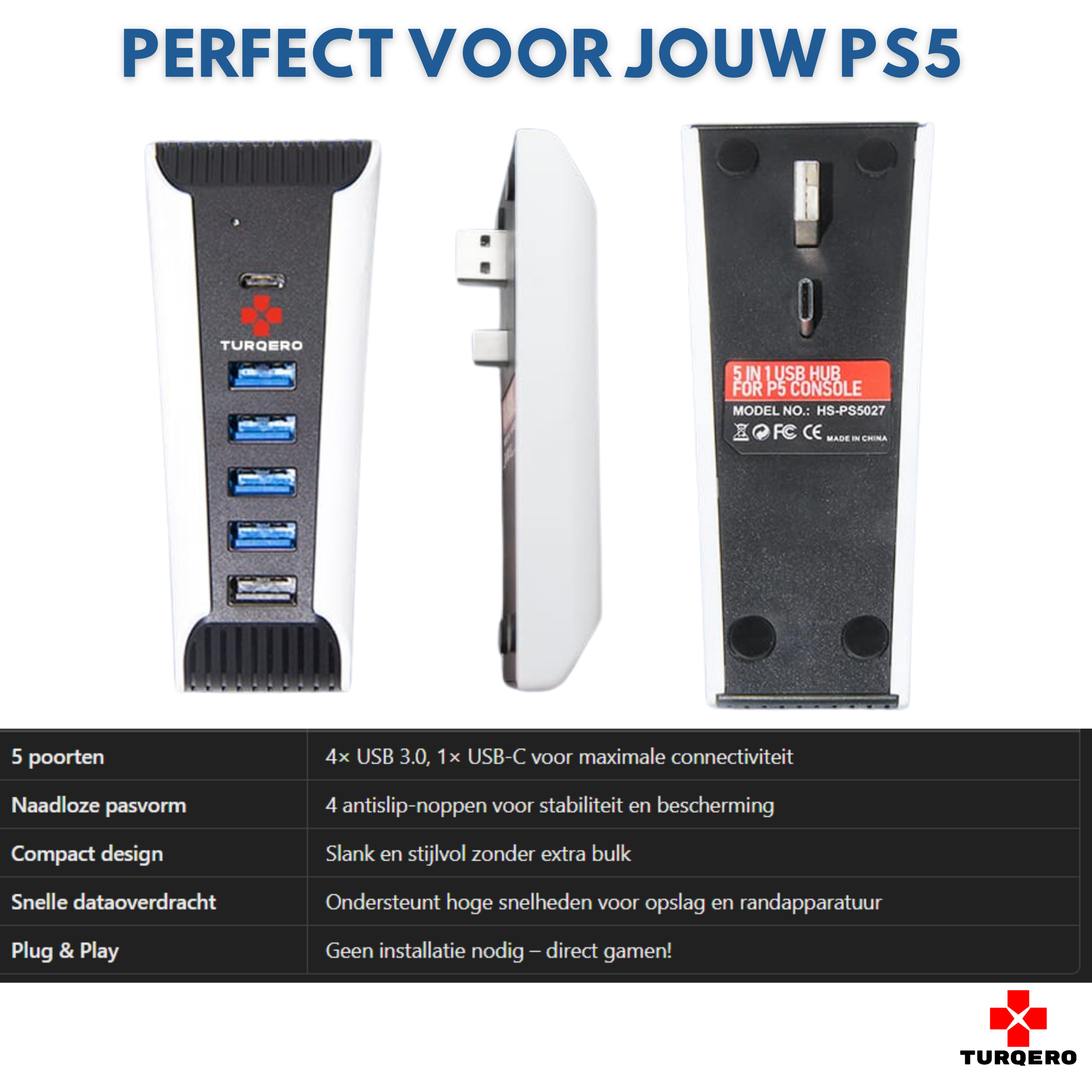 Turqero 5 in 1 usb hub geschikt voor PS5 - plug and play - disc & digital editie - extra poorten voor opladen en aansluiting van randapparatuur