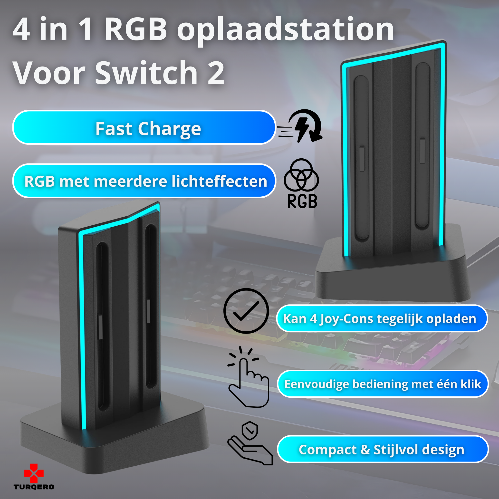 Nintendo Switch 2 Joy-Con Oplaadstation 4-in-1 – Staand model – met LED & RGB – Oplaadbare Controllers
