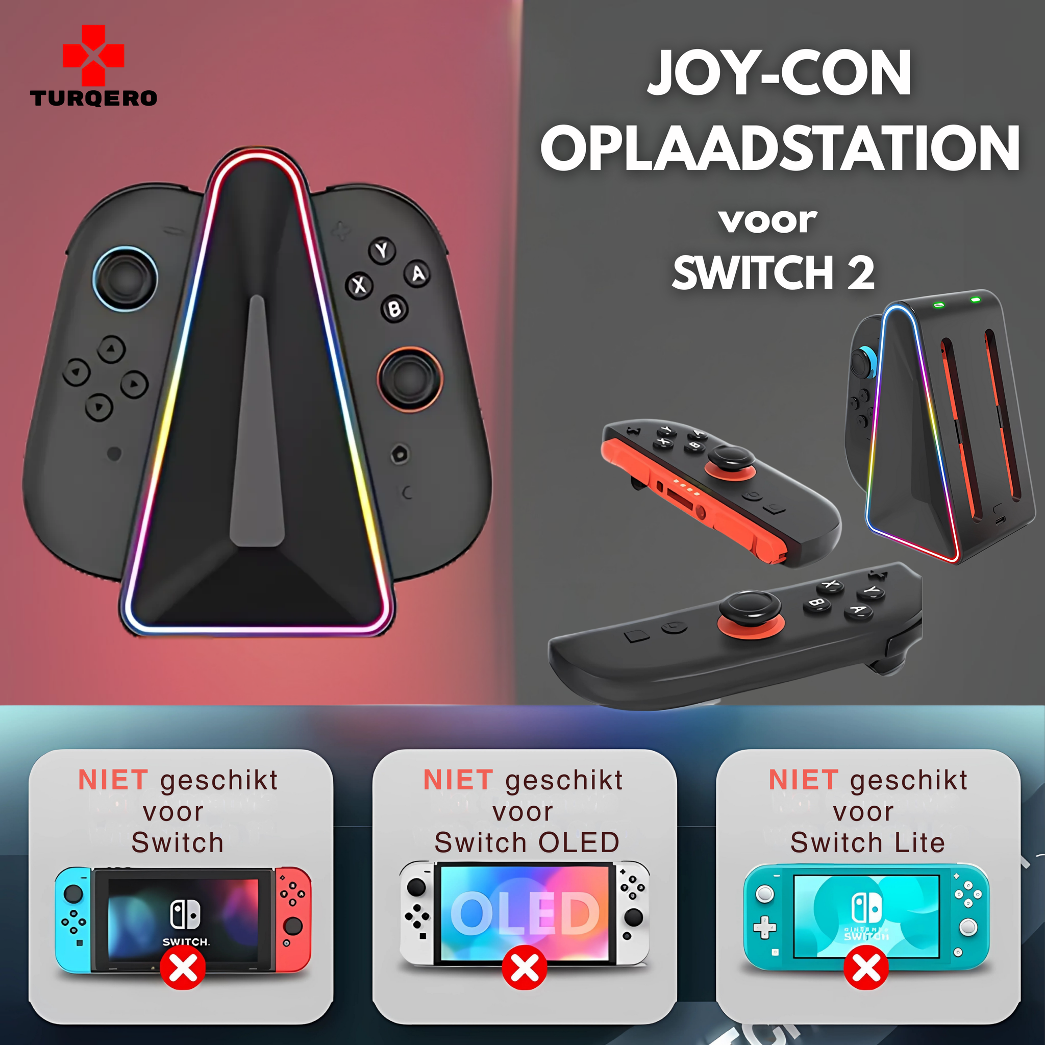 Nintendo Switch 2 Joy-Con Oplaadstation 4-in-1 – Driehoekig Elegant Dock – met LED & RGB – Oplaadbare Controllers