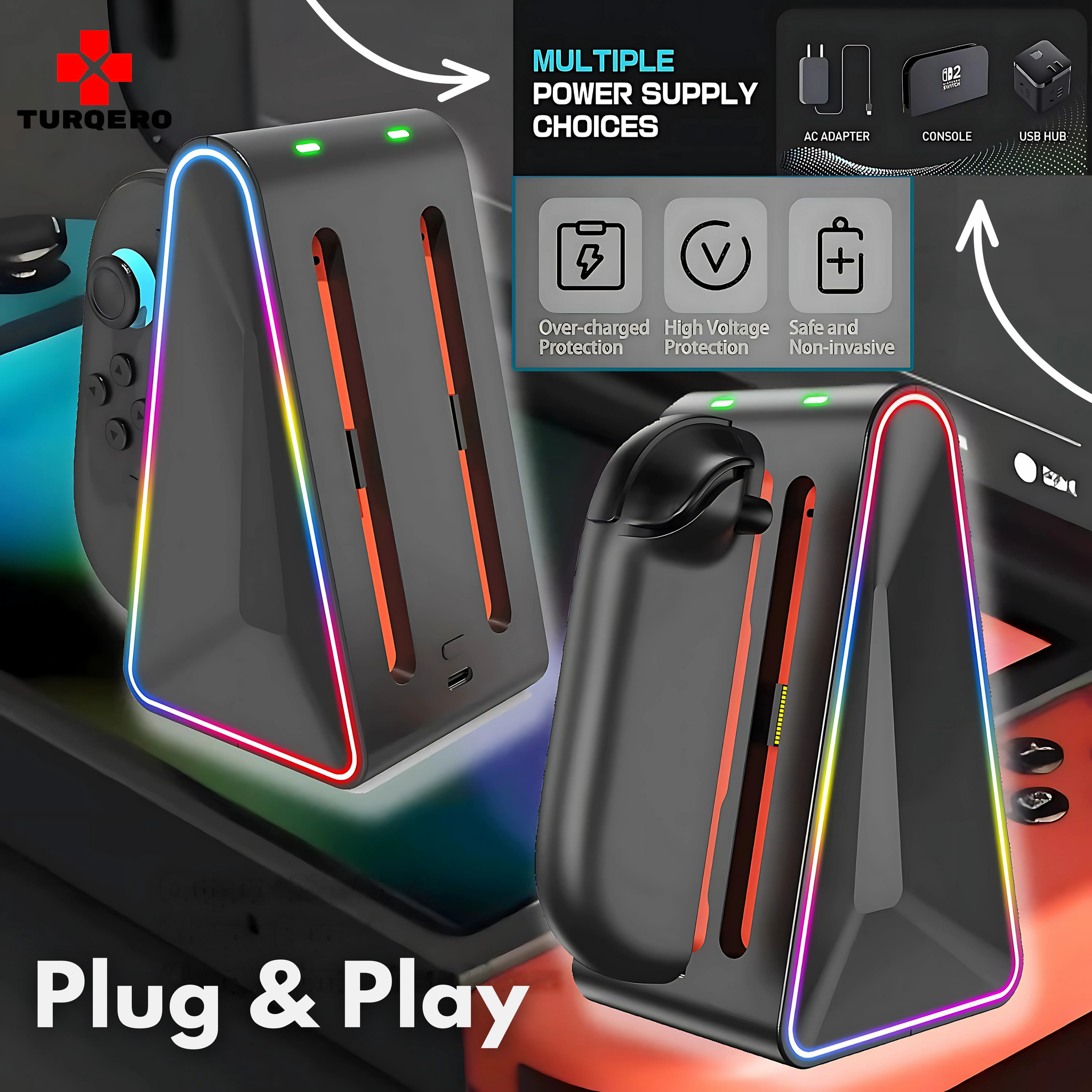 Nintendo Switch 2 Joy-Con Oplaadstation 4-in-1 – Driehoekig Elegant Dock – met LED & RGB – Oplaadbare Controllers