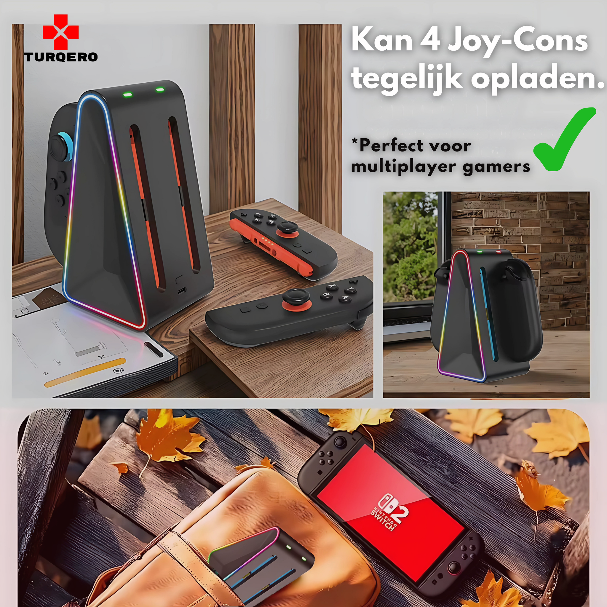 Nintendo Switch 2 Joy-Con Oplaadstation 4-in-1 – Driehoekig Elegant Dock – met LED & RGB – Oplaadbare Controllers