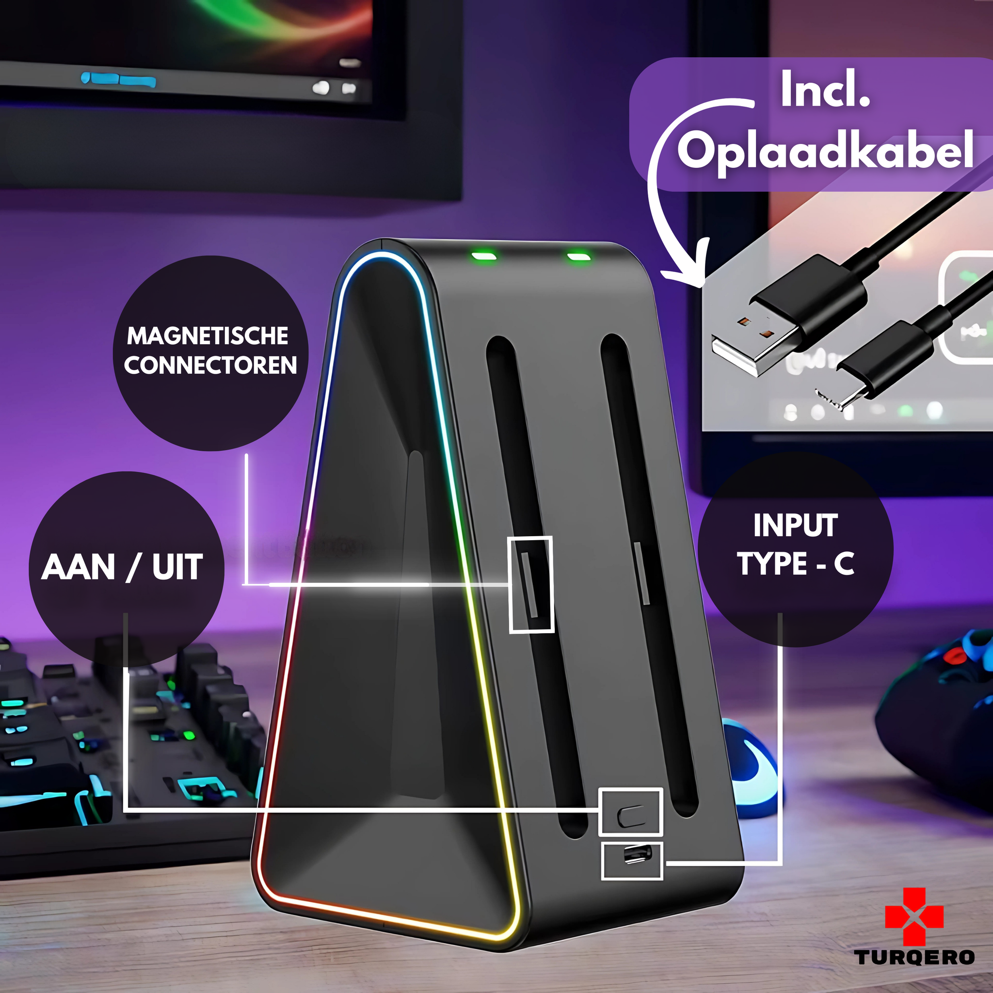 Nintendo Switch 2 Joy-Con Oplaadstation 4-in-1 – Driehoekig Elegant Dock – met LED & RGB – Oplaadbare Controllers