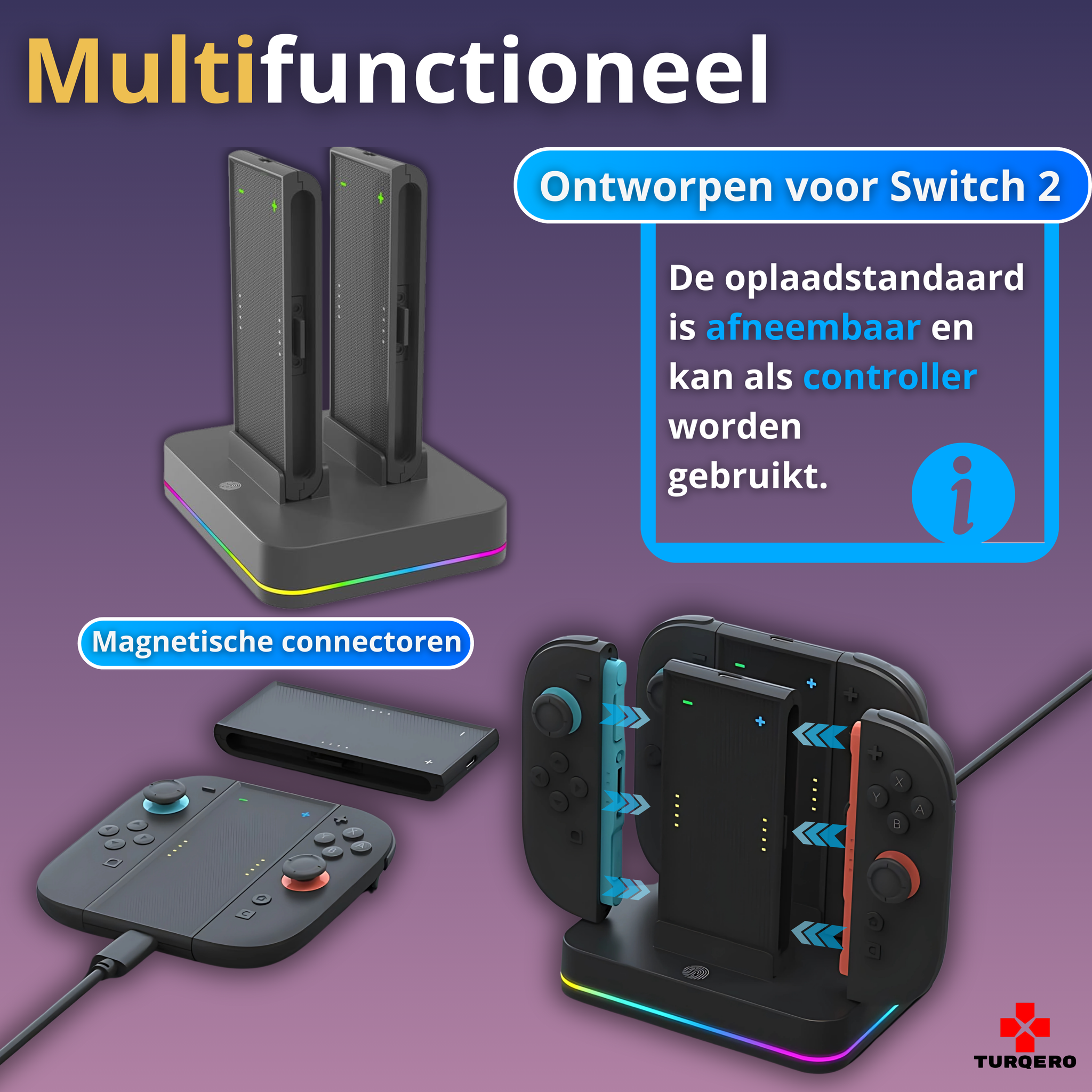 Nintendo Switch 2 Joy-Con 4-in-1  Charging Grip – Afneembare Charging Grip – RGB Oplader – Gaming Accessoire