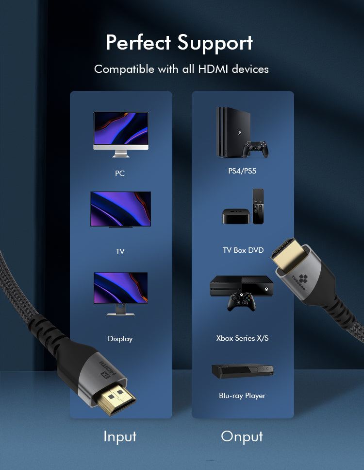 TURQERO 8K HDMI Kabel 2.1 -  HDMI naar HDMI - 1m- 1,5m -2m - 4K Ultra HD - Hoge snelheid - 4K (120Hz) - 8K (60Hz) - - Nylon - Zwart