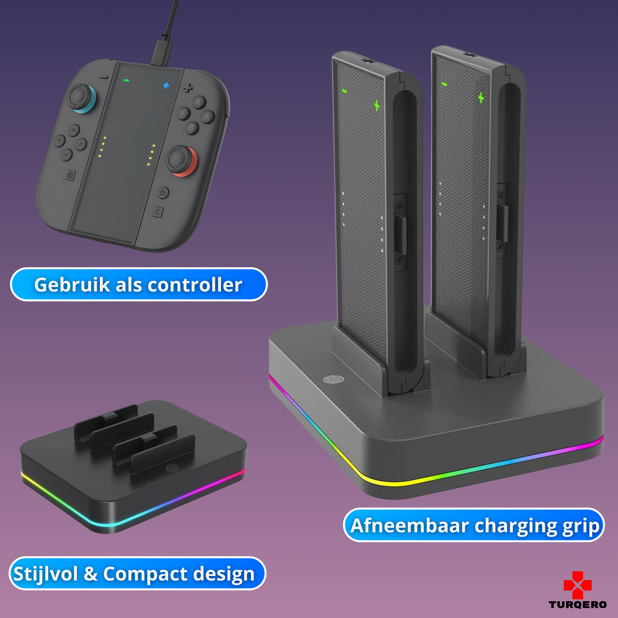 Nintendo Switch 2 Joy-Con 4-in-1  Charging Grip – Afneembare Charging Grip – RGB Oplader – Gaming Accessoire