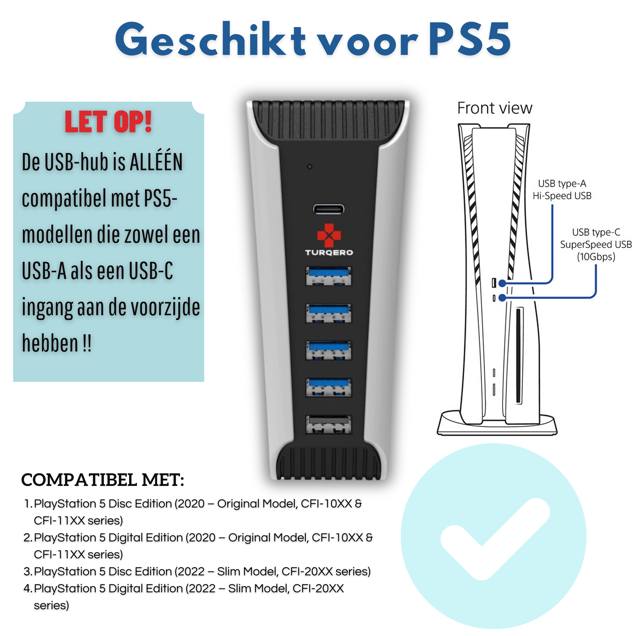 Turqero 5 in 1 usb hub geschikt voor PS5 - plug and play - disc & digital editie - extra poorten voor opladen en aansluiting van randapparatuur