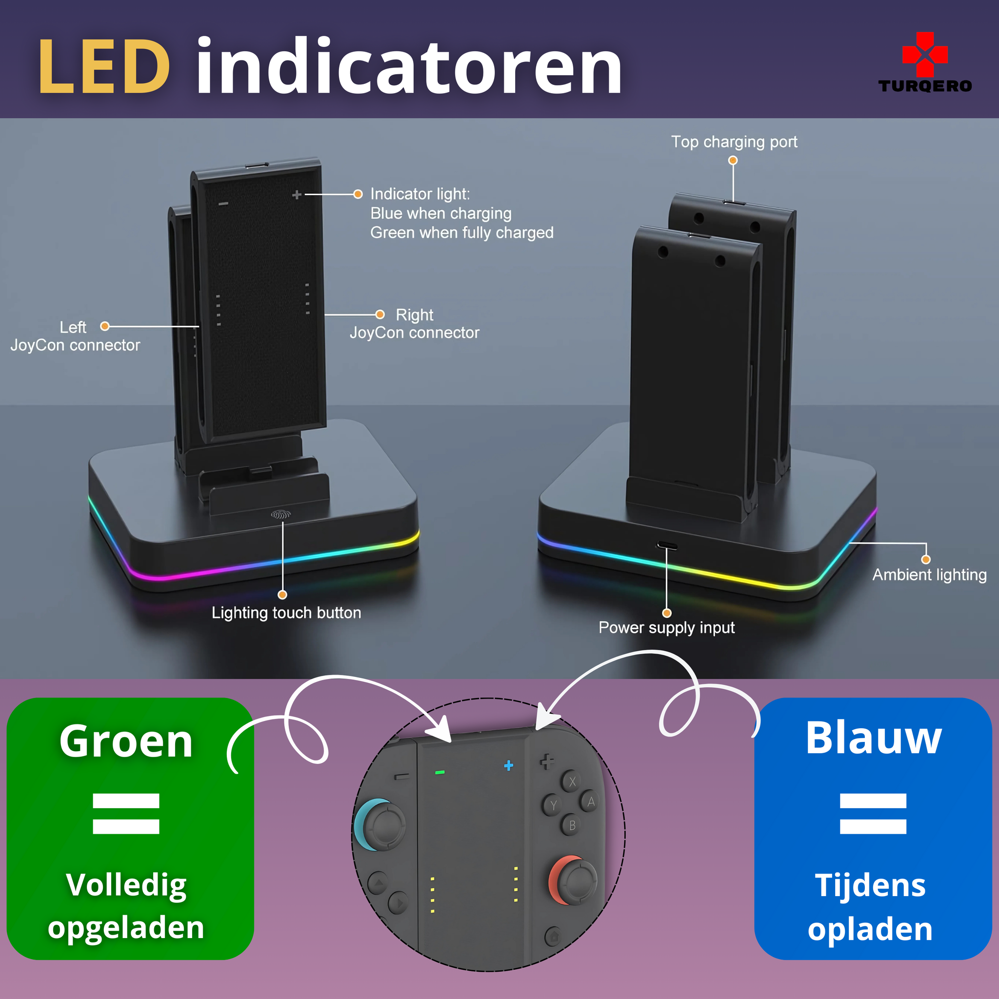 Nintendo Switch 2 Joy-Con 4-in-1  Charging Grip – Afneembare Charging Grip – RGB Oplader – Gaming Accessoire