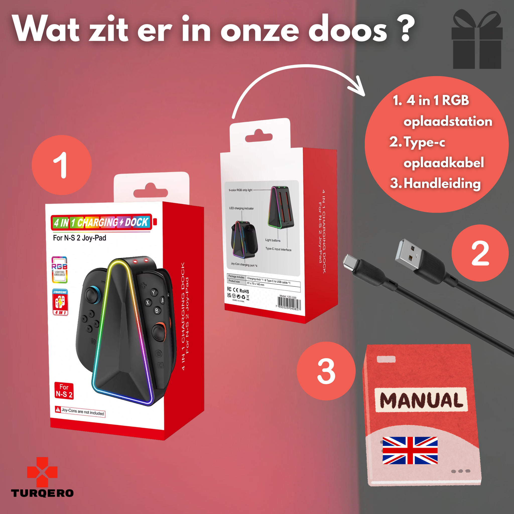 Nintendo Switch 2 Joy-Con Oplaadstation 4-in-1 – Driehoekig Elegant Dock – met LED & RGB – Oplaadbare Controllers